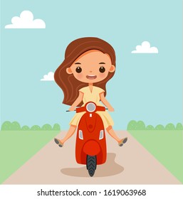 Vector cartoon of exciting woman ride on a motorcycle.