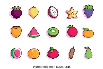 Vector Cartoon Exotic Fruits and Vegetables Set Isolated
