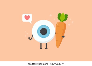 Vector cartoon eye ball hold fresh carrot with love symbol in balloon message on orange background. Eye health care by food concept.