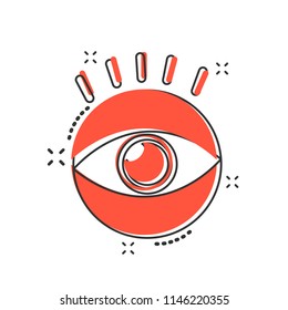Vector cartoon eye icon in comic style. Eyeball look sign illustration pictogram. Eye business splash effect concept.