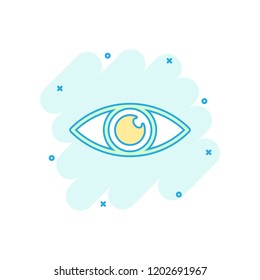 Vector cartoon eye icon in comic style. Eyeball look sign illustration pictogram. Eye business splash effect concept.