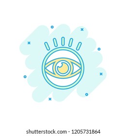 Vector cartoon eye icon in comic style. Eyeball look sign illustration pictogram. Eye business splash effect concept.