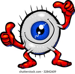 Vector cartoon Eyeball character giving thumbs up and meditating.  Hand drawn artwork in loose, expressive style with NO gradients or blends.