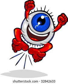 Vector cartoon Eyeball character jumping in cheering exhitment.  Hand drawn artwork in loose, expressive style with NO gradients or blends.