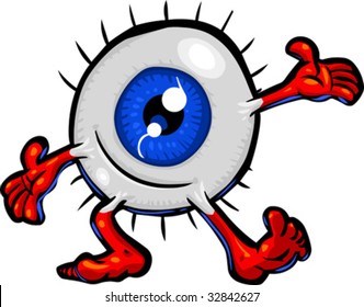 Vector cartoon Eyeball character in a welcoming or presenting pose.  Hand drawn artwork in loose, expressive style with NO gradients or blends.