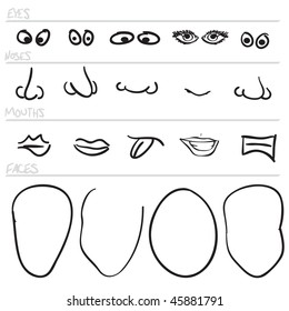 Vector cartoon face parts in a set.  Combine the eyes noses mouths and head shapes to make your own cartoon face.