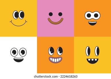 Vector cartoon faces, abstract design mascots - stickers and badges, happy, angry expressions