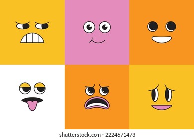 Vector cartoon faces, abstract design mascots - y2k stickers and badges, happy, angry expressions