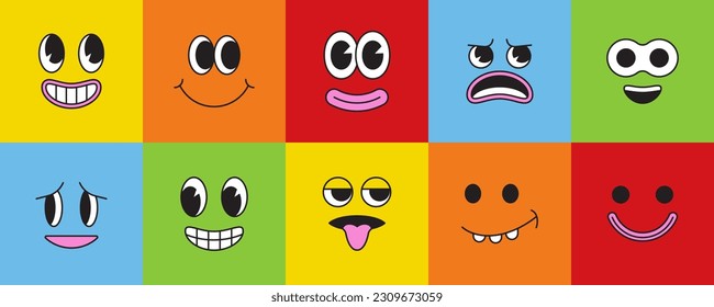 Vector cartoon faces, abstract design mascots - y2k stickers and badges, happy, angry expressions, sticker and icons with different face expressions