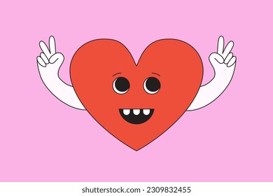 Vector cartoon faces, abstract design mascots - y2k stickers and badges, happy, angry expressions, sticker and icons, love concept, heart with hands and feet