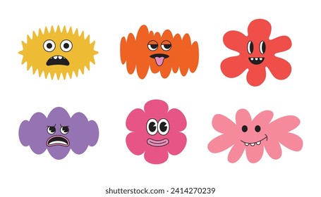 Vector cartoon faces, abstract design mascots - y2k stickers and badges, happy, angry expressions, sticker and icons with different face expressions

