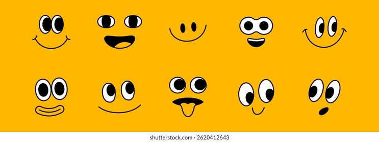 Vector cartoon faces, abstract design mascots - y2k stickers and badges, happy, angry expressions, sticker and icons with different face expressions

