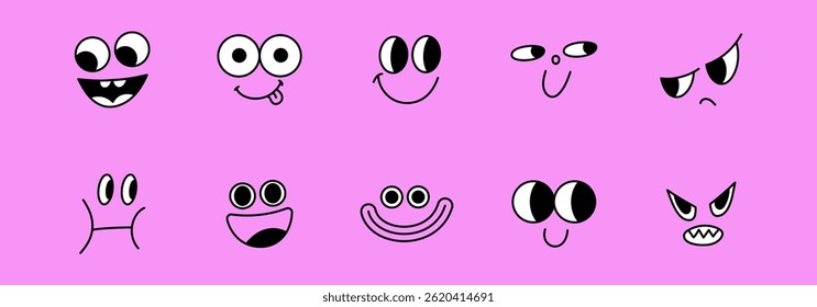 Vector cartoon faces, abstract design mascots - y2k stickers and badges, happy, angry expressions, sticker and icons with different face expressions
