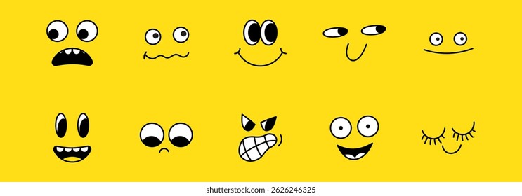 Vector cartoon faces, abstract design mascots - y2k stickers and badges, happy, angry expressions, sticker and icons with different face expressions
