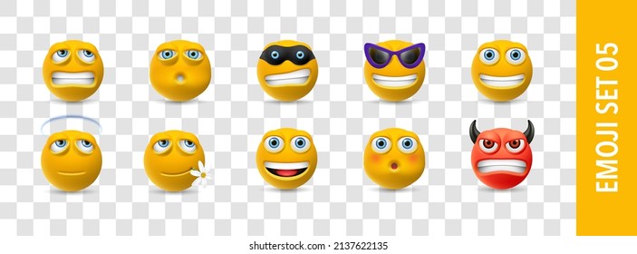 Vector cartoon faces with different emotions. Set of emoji icons, yellow color expressions