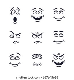 Vector cartoon faces with expressions. Emotion set. Scared, happy, smiling, skeptical, ungry, pensive, embarrassed, upset, insidious