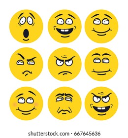 Vector cartoon faces with expressions. Emotion set. Scared, happy, smiling, skeptical, ungry, pensive, embarrassed, upset, insidious