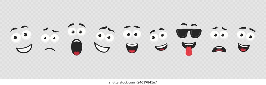 Vector Cartoon Faces Illustrations. Expressive Eyes and Mouth. Funny and Cute character Face Expressions, Icon Set. Caricature Comic Emotions Closeup Isolated.