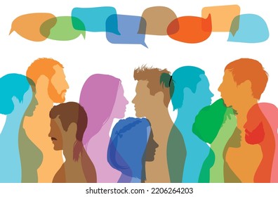 Vector cartoon faces of multicultural business people with speech bubbles expressing opinions, evaluations, and feedback.