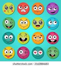 Vector cartoon facial expressions, happy surprised faces, mouth and doodle eyes in a circle multicolored for graphic design