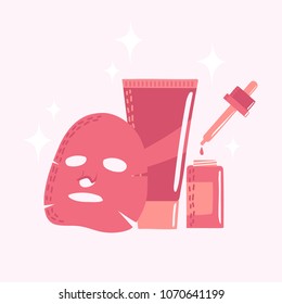 vector cartoon facial mask, cream and  serum set in flat style, icon template with pink tone isolated background