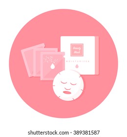 vector cartoon facial mask, package set / flat style, circle, isolated, icon template / pink tone on white background