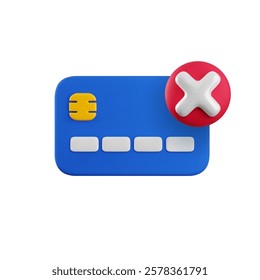 Vector cartoon Failed Online Payment 3d icon. Realistic 3d render of blue credit card with red cross mark sign. Declined purchase, canceled transaction, payment error, invalid money transfer.