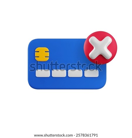 Vector cartoon Failed Online Payment 3d icon. Realistic 3d render of blue credit card with red cross mark sign. Declined purchase, canceled transaction, payment error, invalid money transfer.
