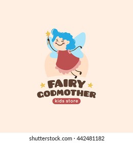 Vector cartoon fairy godmother logo. Cute mascot baby store symbol.