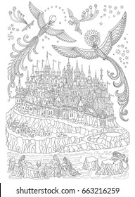 Vector cartoon fairy island with castle and houses, mermaids on sea cliffs, fantasy birds with stars. Hand drawn black and white doodle sketch.Tee shirt print. Adults and children coloring book page