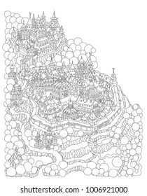 Vector cartoon fairy tale island landscape with castle and houses, fantasy forest. Hand drawn black and white doodle sketch. Zen tangle Tee shirt print. Adults and children coloring book page