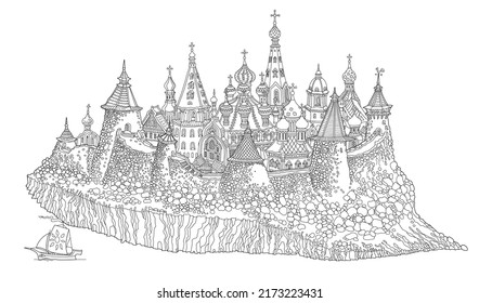 Vector cartoon fairy tale medieval Russian island castle town. Adults and children coloring book page