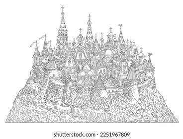 Vector cartoon fairy tale medieval Russian island castle town. Adults and children coloring book page