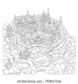 Vector cartoon fairy tale rocky island landscape with castle, houses and trees. Hand drawn black and white doodle sketch. Zen tangle Tee shirt fantasy print. Adults and children coloring book page