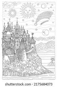 Vector cartoon fairy tale Russian medieval castle town. Adults and children coloring book page