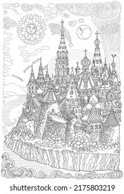 Vector cartoon fairy tale Russian medieval castle town. Adults and children coloring book page