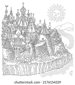 Vector cartoon fairy tale Russian medieval castle town. Adults and children coloring book page