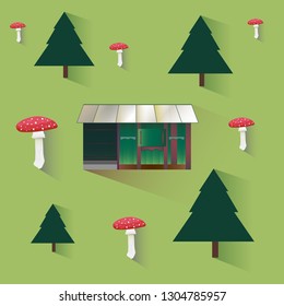 Vector cartoon fairytale illustration of green wooden cottage or log cabin in the forest with trees and fly agaric mushrooms in a flat style