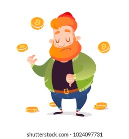 Vector Cartoon Fall Of Bitcoin Sad Miner Man Character Illustration