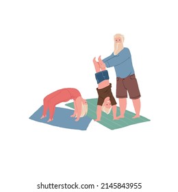 Vector cartoon family characters doing sports together,dad and kids do gymnastics exercises-happy childhood,sporty healthy family relationships social concept,web site banner ad design