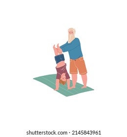 Vector cartoon family characters doing sports together,dad and little girl do gymnastics exercises-happy childhood,sporty healthy family relationships social concept,web site banner ad design