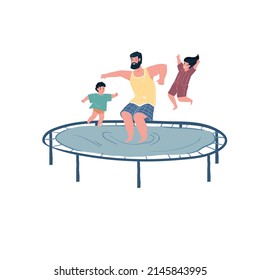 Vector cartoon family characters doing sports together,dad and kids jump on trampoline-happy childhood,sporty healthy family relationships social concept,web site banner ad design