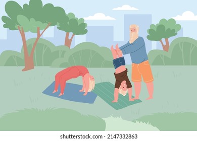 Vector cartoon family characters doing outdoor sport together,dad and kids do gymnastics exercises in park-happy childhood,sporty healthy family relationships social concept,web site banner ad design