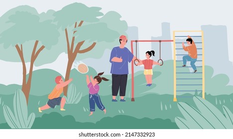 Vector cartoon family characters doing outdoor sports together,dad and little kids do exercises on gymnastic wall rings in park-happy childhood,sporty healthy family concept,web site banner ad design