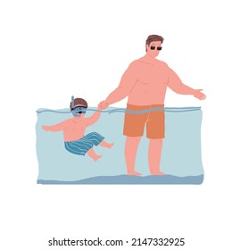 Vector cartoon family characters doing sports together,dad and little boy learn to swim in pool-happy childhood,sporty healthy family relationships social concept,web site banner ad design