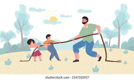 Vector cartoon family characters doing outdoor sports together,dad and kids do rope pulling in park-happy childhood,sporty healthy family relationships social concept,web site banner ad design