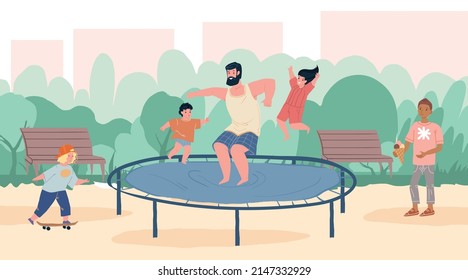 Vector cartoon family characters doing outdoor sports together,dad and kids jump on trampoline in park-happy childhood,sporty healthy family relationships social concept,web site banner ad design