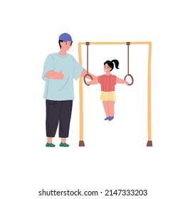 Vector cartoon family characters doing sports together,dad and little girl do exercises on gymnastic rings-happy childhood,sporty healthy family relationships concept,web site banner ad design