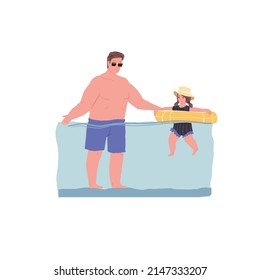 Vector cartoon family characters doing sports together,dad and little girl learn to swim in pool-happy childhood,sporty healthy family relationships social concept,web site banner ad design