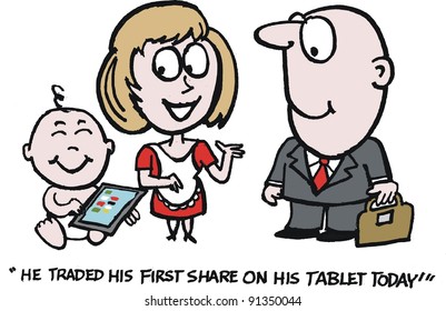 Vector cartoon of family group with baby using computer to trade stocks and shares